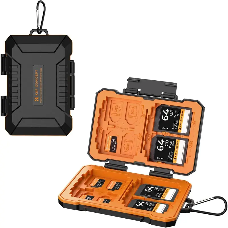 K&F CONCEPT Memory Card Case - Compact Sealed Protector for Travel, Holds SD CF CFexpress XQD MicroSD, Nano SIM & Micro SIM, ABS + Polycarbonate Shell, Molded Rubber Lining, Quick Lock System, Includes SIM Pin