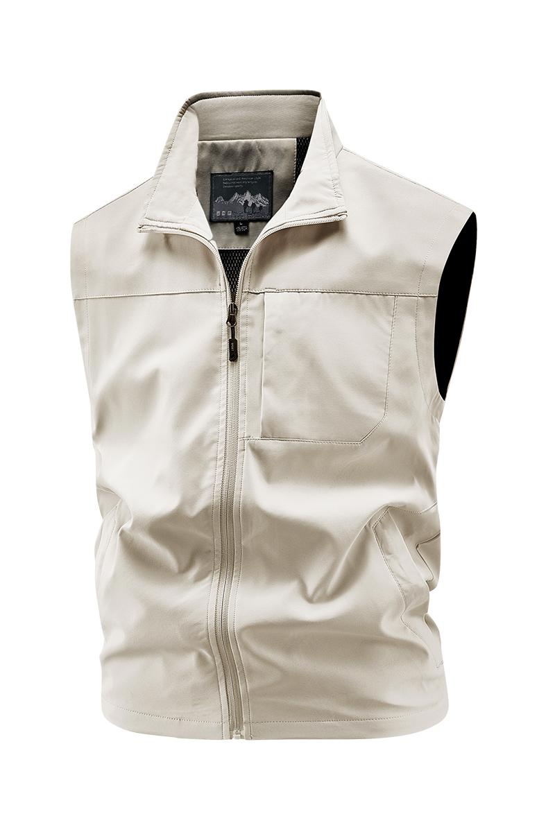 Men's Solid Color Hooded Vest Jacket, Stand Collar Multi-Pocket Sleeveless Coat, Windproof Waterproof Casual Sports Waistcoat, Regular Fit Outdoor Fishing Vest, All-Season Men's Jacket, Menswear