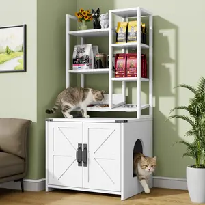 Farmhouse Cat Litter Box Enclosure Hidden Cabinet with Storage Shelves & Organizer Racks, Spacious Interior, Multifunctional Cat Furniture, Anti-Leakage Design, Easy Assembly