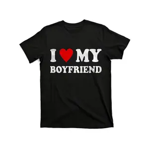 I Love My Boyfriend Graphic T-Shirt - Couples Matching Tee with Bold White Text & Red Heart, Soft Breathable Cotton Shirt for Him/Her, Lightweight Crew Neck Regular Fit Unisex  Casual Streetwear Top Crewneck Tshirt
