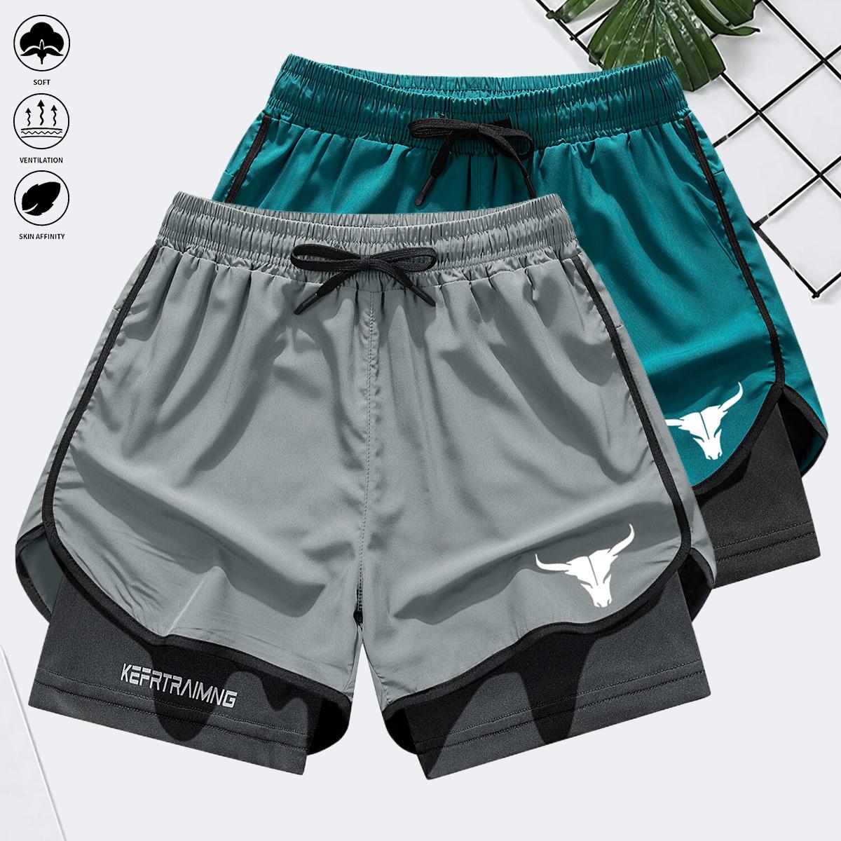 Men's two-in-one letter and bull head print double-layer drawstring waist sports shorts, quick-dry sports shorts, designed for sports, suitable for fitness and marathon training, featuring a double-layer lining. Elastic Drawstring Jogger Shorts