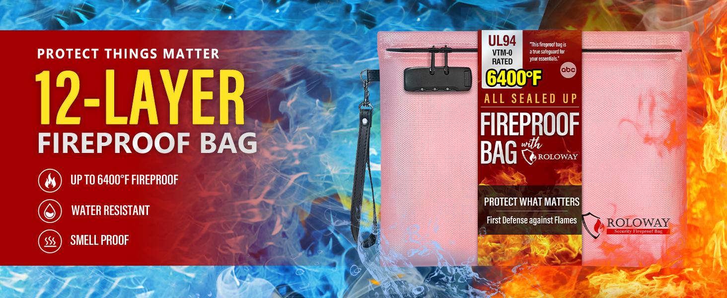 ROLOWAY Fireproof Document Bag (14.5 x 11.5 inch), 6400℉ Fireproof Money Bag with Zipper for Cash, Fire Safe Money Pouch with Lock