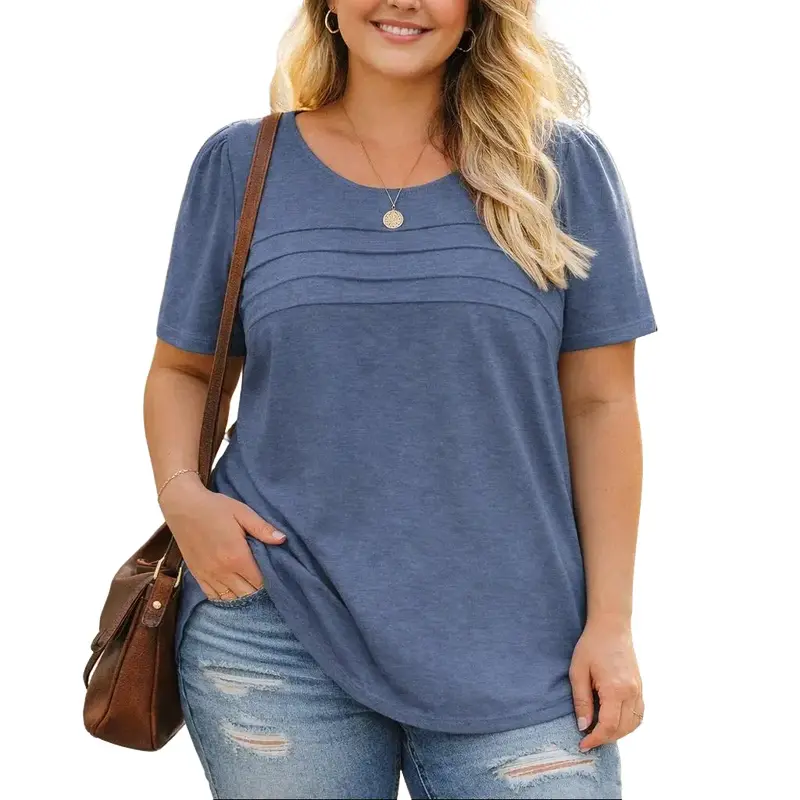 Women's Plus Size Plain Style Cowl Neck Puff-Short Sleeve Pleated T-Shirts - Soft, Stretchy, Breathable Basic Summer Casual Tops, Cold Wash, 2XL-3XL, Back to School Outfits