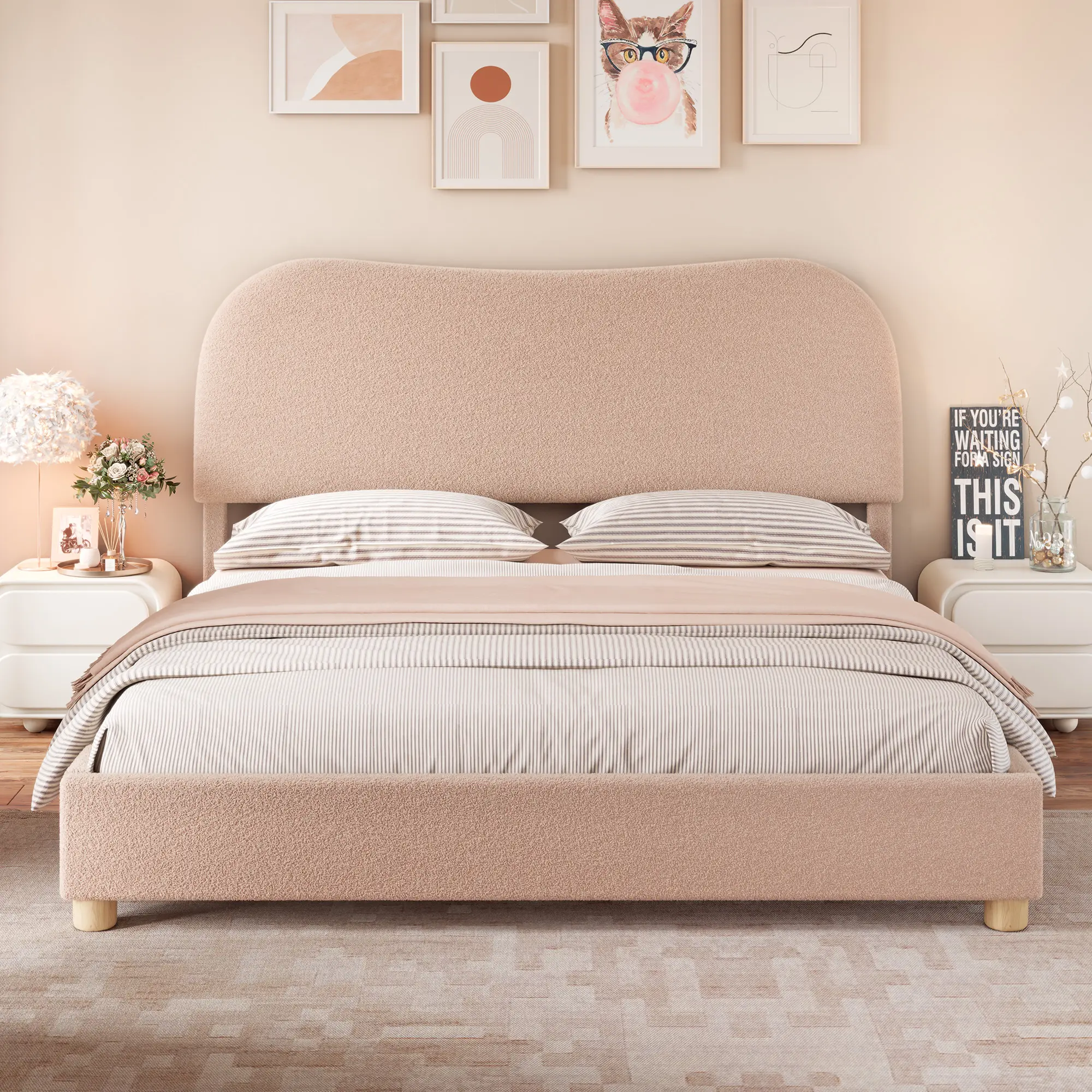 ALBOTT Boucle Upholstered Low Profile Bed Frame with Headboard, Curved Adjustable Headboard, Fluffy Fabric, Soft Rounded Corners, Noise-Free, No Box Spring Needed, 8-14 Inch Mattress Compatible,[tiktokshopbacktoschool][SohoChic]