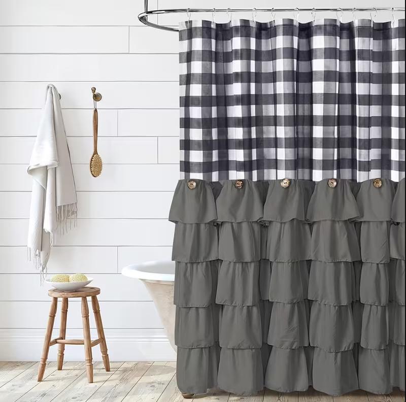 Farmhouse Ruffle Shower Curtain with Handmade Vintage Buttons, Country Buffalo Plaid Fabric Black and White Shower Curtains for Master Bathroom, Bathroom Decor Shower Curtain with 12 Holes,72" x 72"