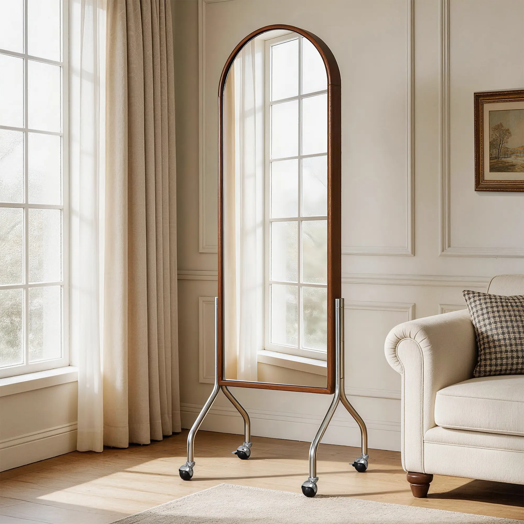 Arched Full Length Mirror with Storage Shelves & Wheels, Rubber Wood Frame Floor Mirror, Freestanding Rolling Mirror with Cart, 2-in-1 Dressing Mirror & Bookcase for Bedroom Living Room W5368P497704