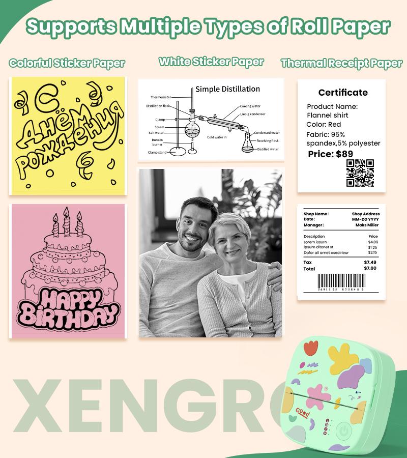 [Valentines'DaySale!] XenGro Mini Printer Bluetooth included 3 Roll label Thermal Pocket Printer,Inkless Small printer B&W Printing Only for Photos, Study Notes, Lists,Memos, Journals Printing Machine Sticky Label, Birthday Gifts for Kids Green