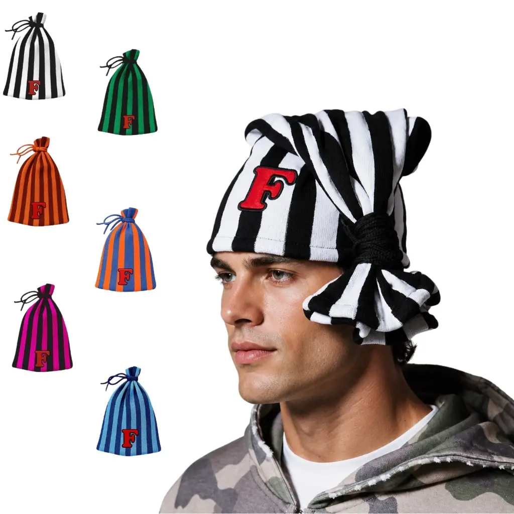 Unisex Y2K Striped Knit Beanie, Knotted Drawstring Top Beanie with Letter Patch Embroidery, Soft Warm Street Fashion Skull Cap, Multi‑Color Choice for Men Women Daily Headwear