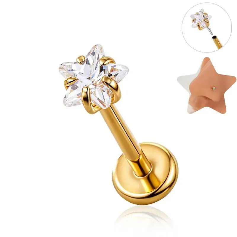 16G ASTM F136 Titanium Threadless Flat Back Stud | 8mm Heart/Star Gem for Nose, Helix & Lobe piercing earring zircon no jewelry ear expanders