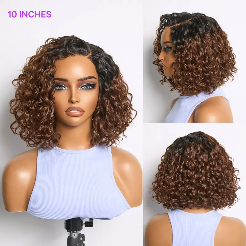 Ready to Go Ombre Brown Water Wave Short Curly Bob Wig Glueless Minimalist HD Lace Wig Pre-Cut Lace