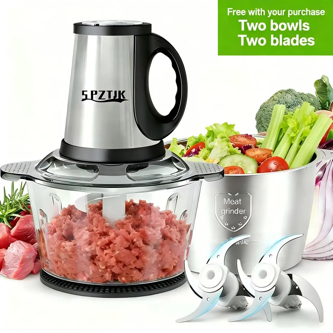SPZTJK Electric Multi-Function Meat Grinder - Meat Shredder Machine, Blend Machine Mini Food Processors & Choppers with 2 Bowls (Stainless Steel, Glass), 2 Detachable Blades, BPA-Free, Dishwasher-Safe, Grinds Veggies, Single-Serve, for Home Kitchen Use, D