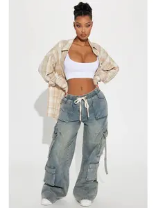 Met My Match Baggy Cargo Jeans - Vintage Wash Wide Leg Jean with Elastic Waistband & Cargo Pockets Regular 33.5" Inseam