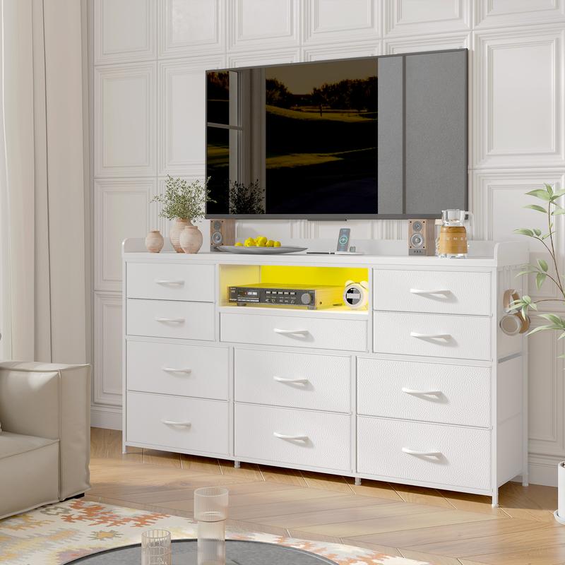 【LaborDaySale】Raybee 11 Drawers Dresser for Bedroom 31'' Height,Sturdy TV Stand with LED & power outlets & 4 hooks Drawerorganizer,Chest of Drawers,Storage Bin Cabinet Furniture