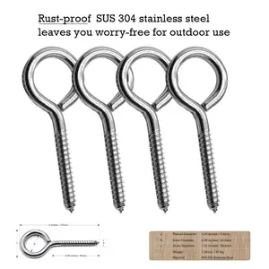 4 Pcs Screw in Eye Hooks for Wood, 5/16"× 4", 304 Stainless Steel Ring Bolts, Self-Tapping Eyelet for Heavy Duty Hanging, Indoor & Outdoor Use alat perkakasan