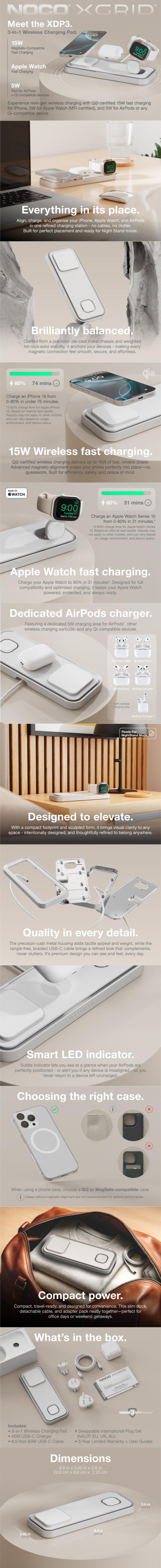 NOCO XGrid XDP3: 3-in-1 Wireless Charging Pad – For iPhone, Apple Watch, and AirPods – MagSafe Compatible, Qi2 Certified