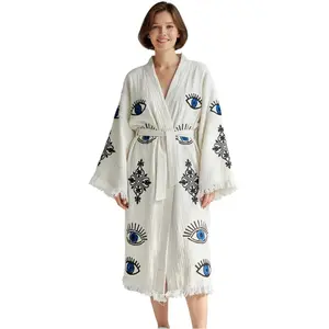 The Pinus Women's Luck 100% Cotton Longsleeve Kimono Robe with Pockets & Tie - Casual, Elegant, Loose Soft Kaftan Loungewear Nightwear for Ladies, XS-XL Valentine’s Day Gift