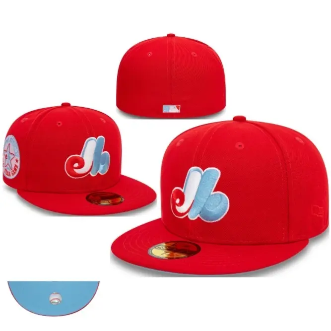 Custom Red Montreal Expos Fitted Cap – Sky Blue Bottom & 1982 All-Star Side Patch MLB Hat