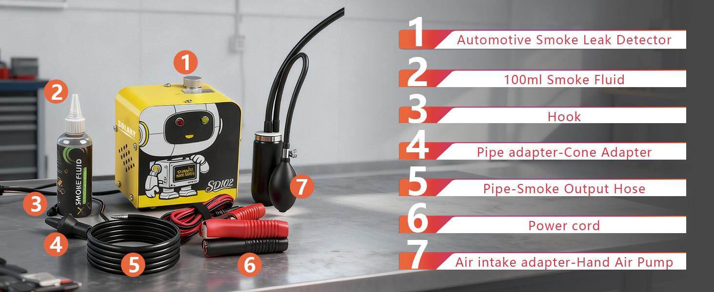 SOLARY SD102 12V Smoke Machine Leak Tester with Built-in Air Pump – EVAP/Vacuum Diagnostic (Smoke Fluid Included)