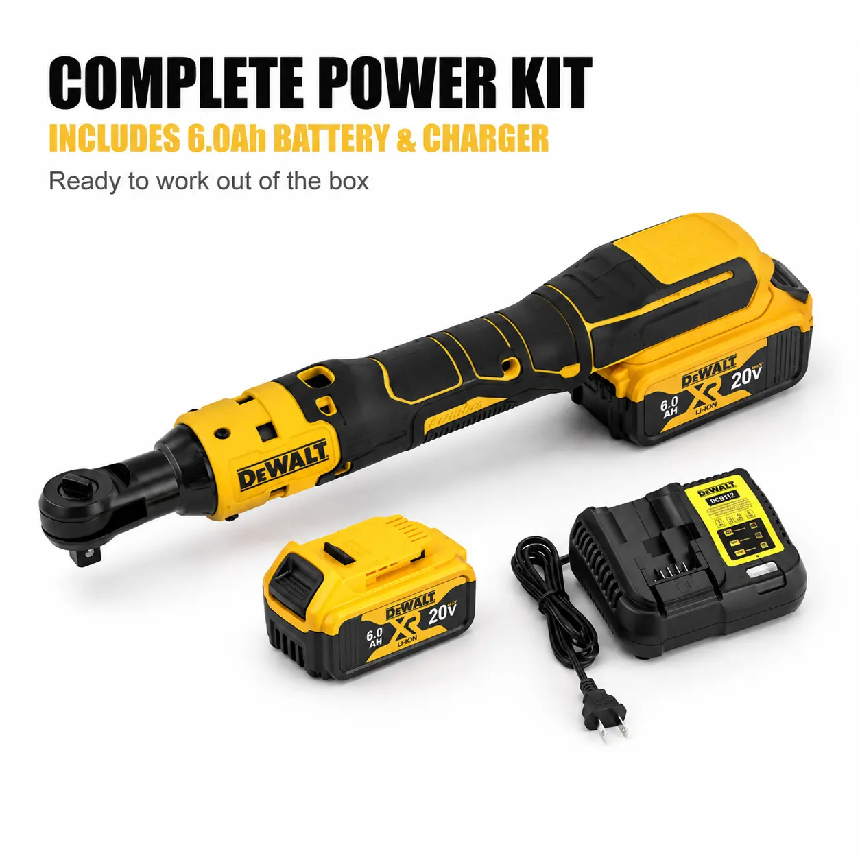 DEWALT 20V Brushless Motor 1/2" Wireless Electric Ratchet Wrench Kit with Batteries, High Torque, LED Light, Auto Repair Ready for DIY Projects, Industrial Assembly, 95 Nm Torque