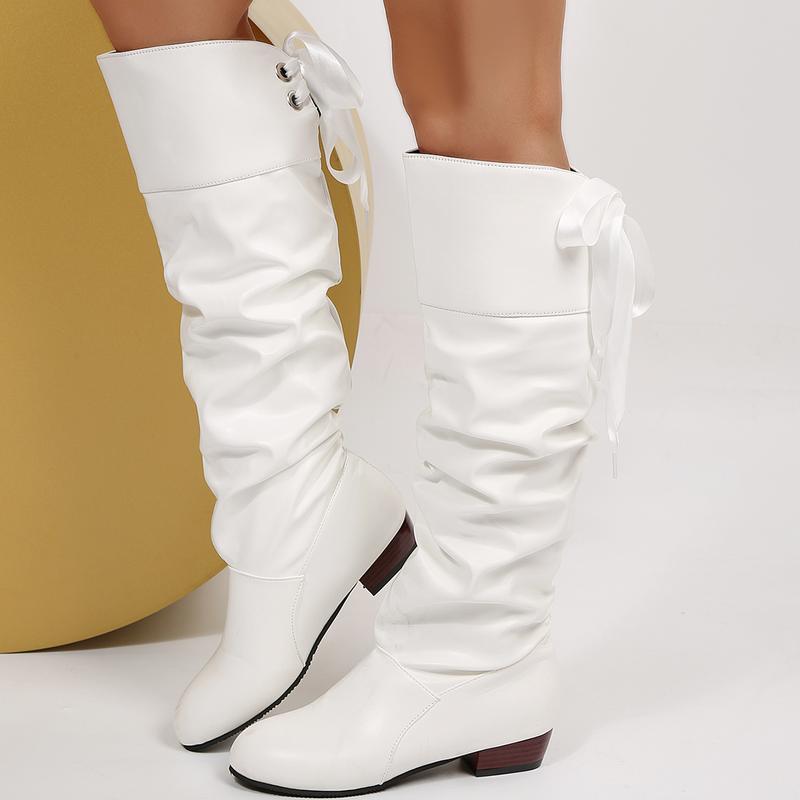 Women's Black Knee High Boots, Pleated Back Lace Slip On Chunky Heel Winter Shoe, Womensfashion Glossy Long Boots for Women, Perfect Valentine's Day Gift