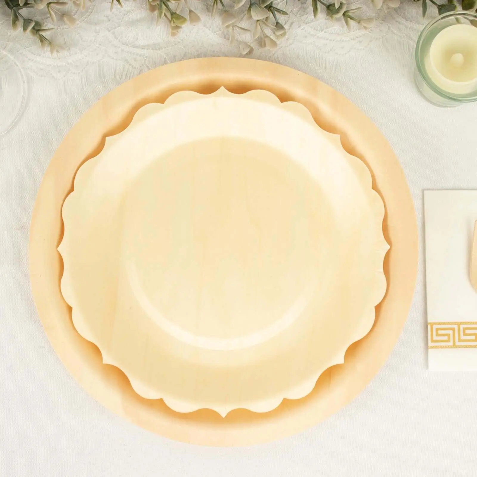 12-Pack Birchwood 9" Round Dinner Plates in Natural with Scalloped Rim - Eco Friendly Wooden Disposable Plates for Farmhouse-Style Events, Parties & Gatherings