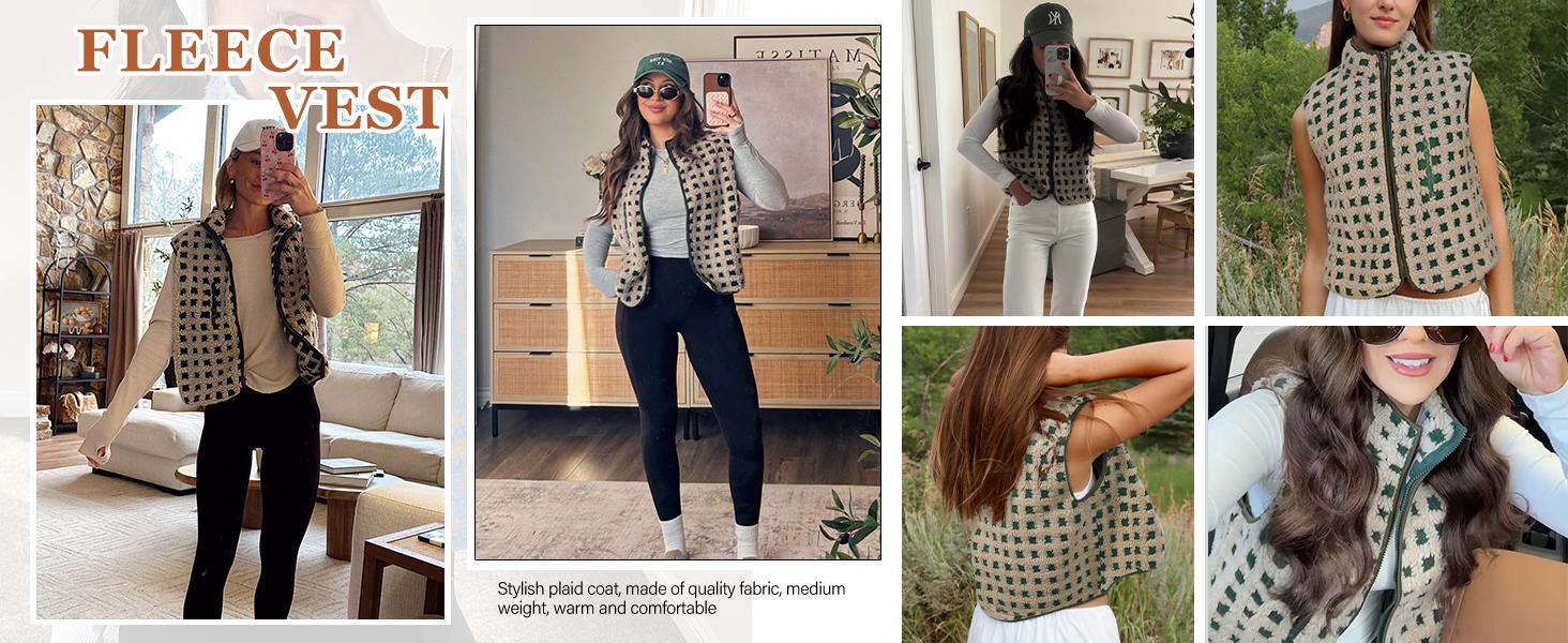 YeeZaa Checkered Sherpa Vest Sleeveless 2025 TikTokShopHolidayHaul Christmas Fall Winter Fleece Jacket TikTokShopBlackFriday High Neck Zip Up Plaid Gilet Top Crochet Collared Autumn Checker Vest with Chest Pocket