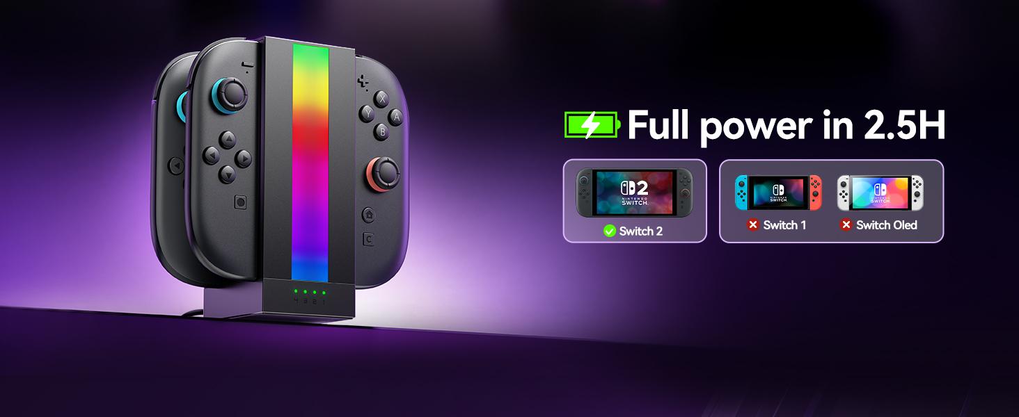 JSAUX EnergyFlow Charging Dock for Nintendo Switch 2 JoyCon Controllers, 4-in-1 RGB Magnetic Charger Station LED Indicator, Switch2 JoyCon Accessories with 5FT USB C Cable