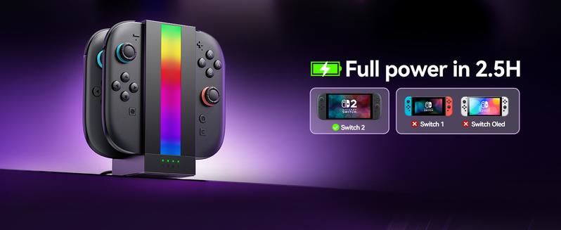 JSAUX EnergyFlow Charging Dock for Nintendo Switch 2 JoyCon Controllers, 4-in-1 RGB Magnetic Charger Station LED Indicator, Switch2 JoyCon Accessories with 5FT USB C Cable