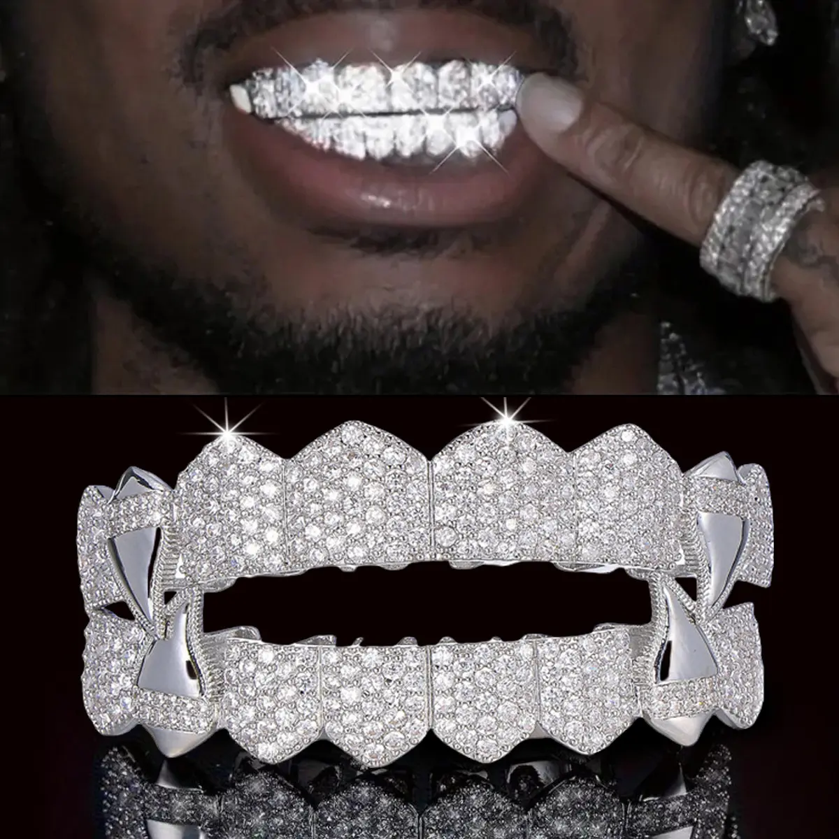 Hip-Hop Grillz Teeth Accessory, Real Gold-Plated Full-Diamond Tooth Caps, Vampire Edge Dental Accessories for European-American Fashion Costume Jewelry