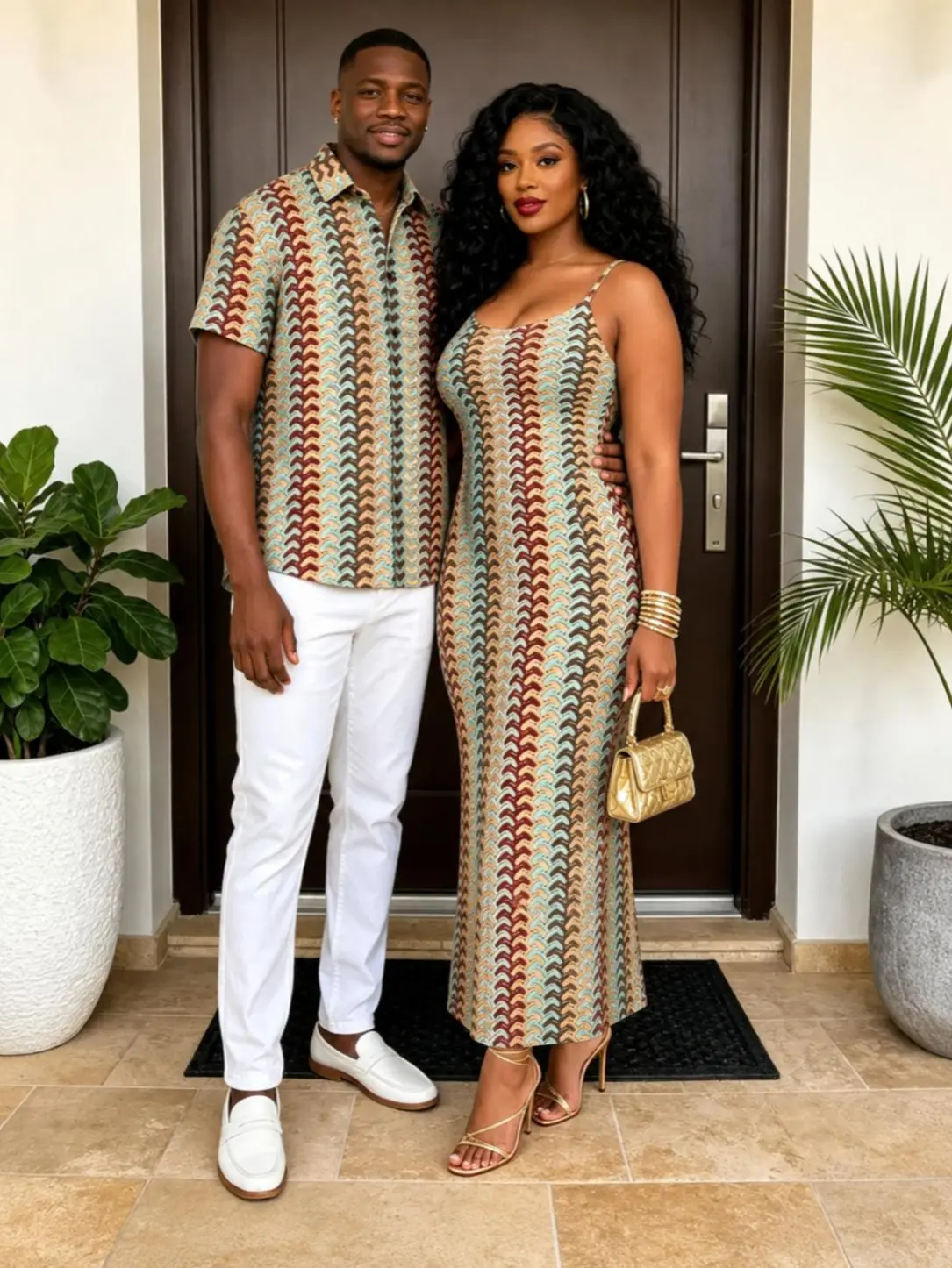 DRESSLILY 2026 Couples Matching Outfits, Vintage Geometric Print Stretchy Knit Fitted Bodycon Maxi Dress and Shirt Set for Beach Vacation Casual Summer