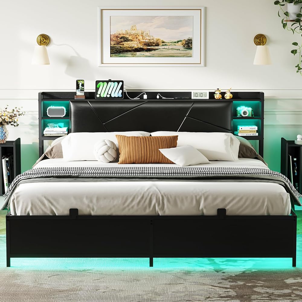 Upholstered Bed Frame with Soft PU Leather Headboard, Modern Storage Design, Intelligent RGB LED Lights, Luxury Comfort for Bedroom