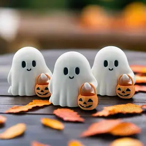 Cute Tiny Trick or Treat Ghost Halloween Decoration Desk Display Spooky Bookshelf Decor Ornaments for Fall Accent Home Gift Adorable 3D Printed Figurine with Mini Pumpkin Bucket Accessory Lightweight Sturdy Decorative Statue