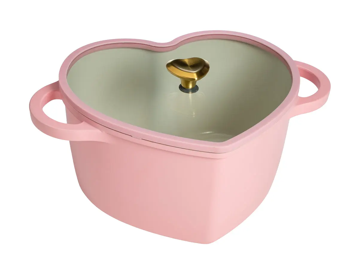 Paris Hilton 4.6 Qt Heart-Shaped Dutch Oven Stove Cookware - Cast Aluminum Ceramic Nonstick Coated Nonstick Cooking Pot with Silicone Rim Glass Lid, Pink Kitchen Supplies