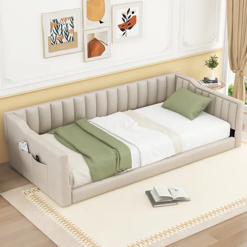 Twin XL Floor Bed Frame, Twin XL Size Upholstery Daybed and Side Storage pocket, No Box Spring Needed