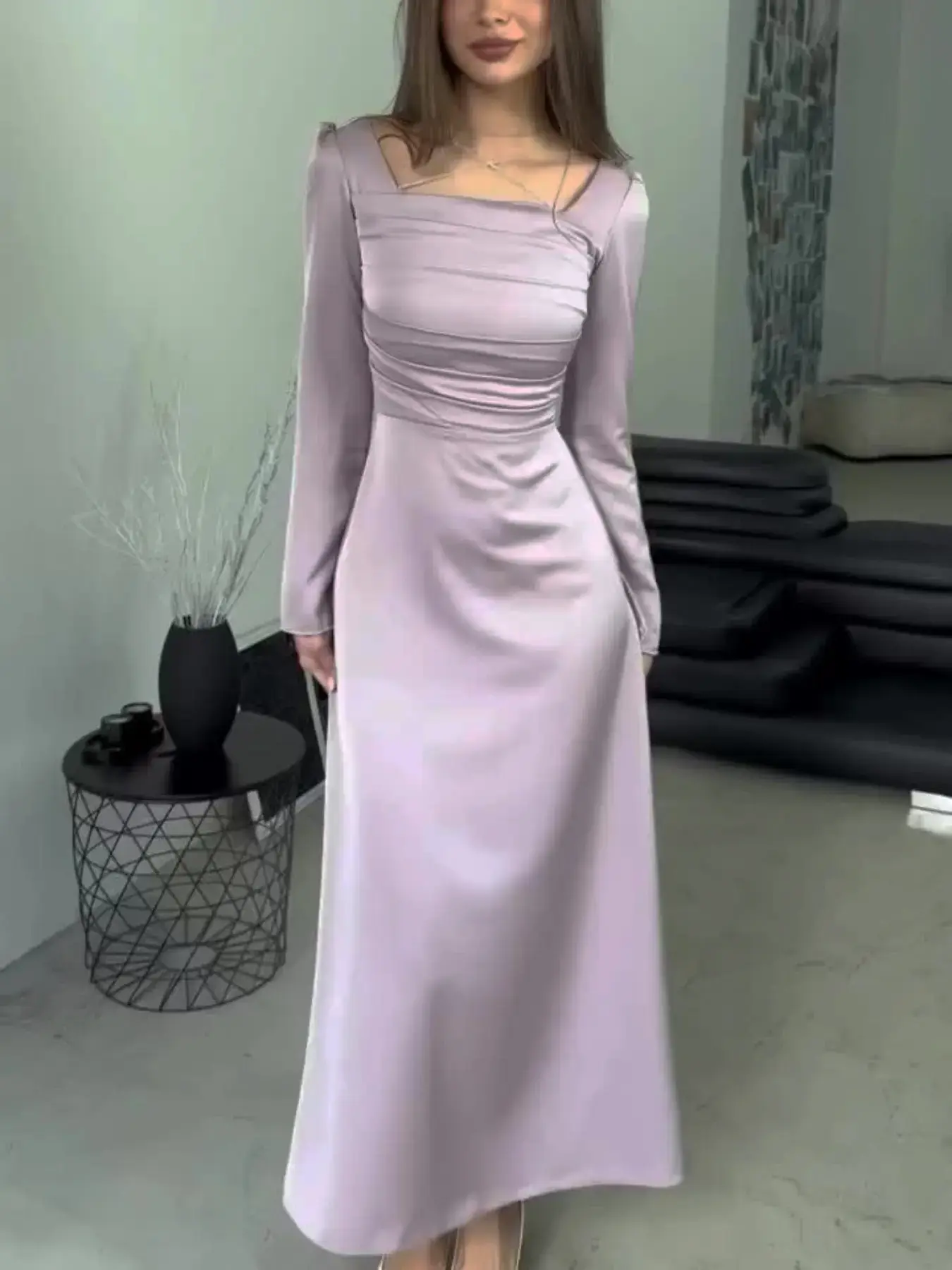 Frech Sweety Women's Dress Formal Wear Womenswear Satin Mercerization Violet Solid Long Sleeve Fit Folds Lace-up Square Neck Elegant Formal Chic Female Payty Dresses Classy Modest Dresses