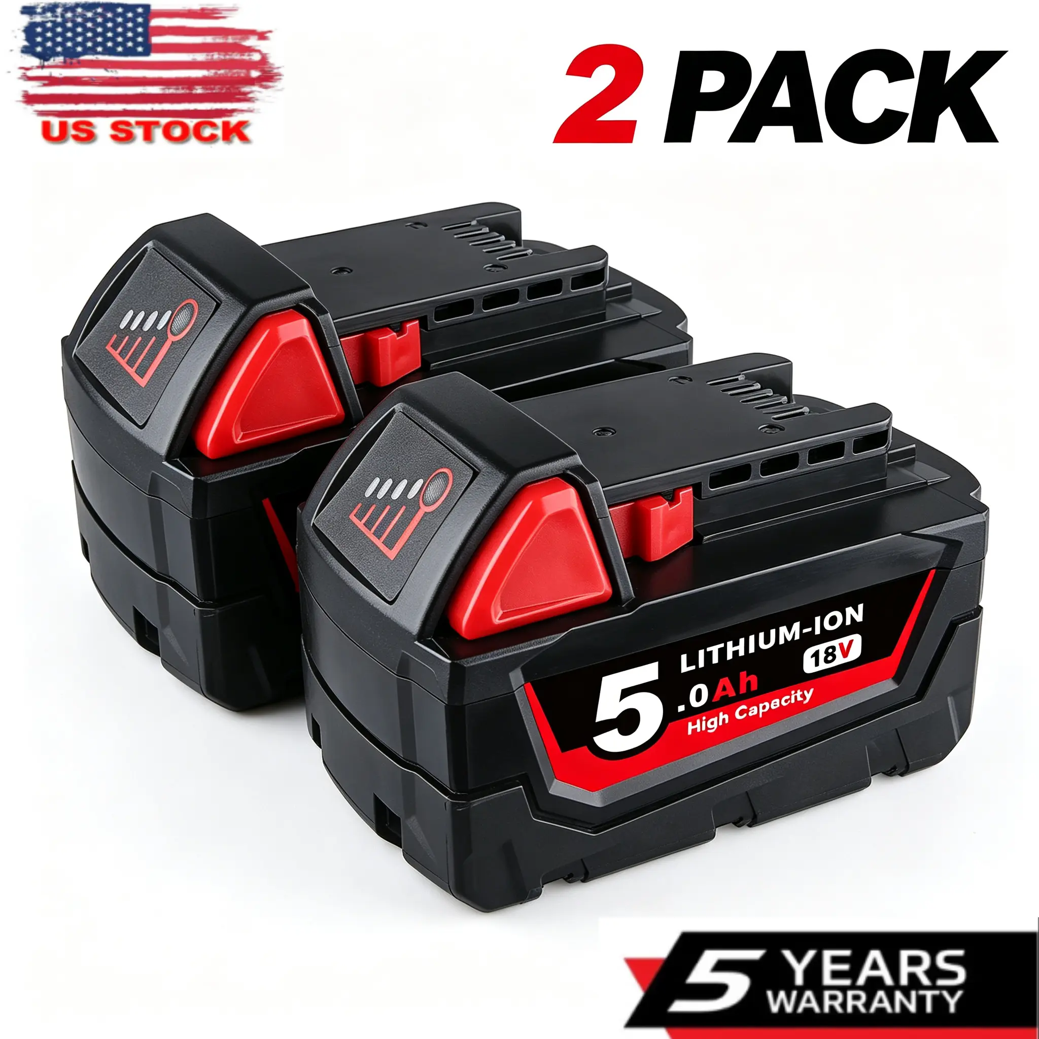 2 Pack 5.0Ah 18V Lithium-ion Replacement Battery MWL1810 Compatible with Milwaukee M18 Cordless Power Tools, Black Red High Capacity Batteries