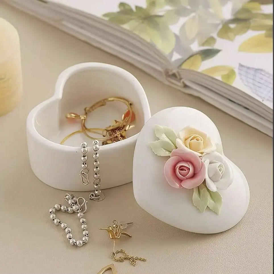Heart pink rose Ceramic Box Jewelry Storage keep sake box jewelry storage desk decor hand made home floral decor heart box gift for her