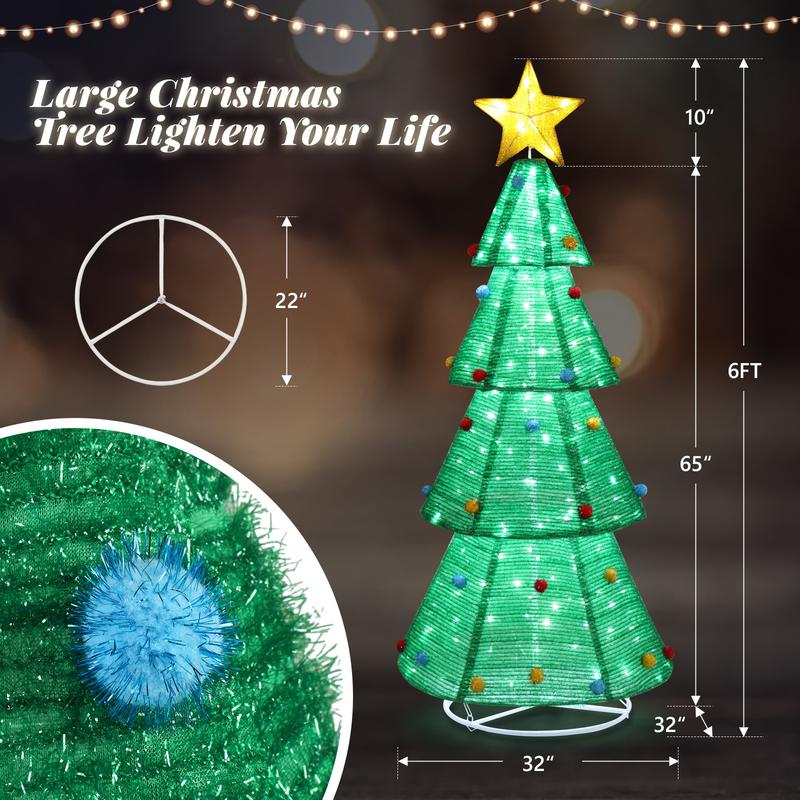 6ft Pre-Lit Pop-Up Christmas Tree with 200 LED Lights, Large Holiday Party Christmas Decoration for Indoor and Outdoor Use, Green