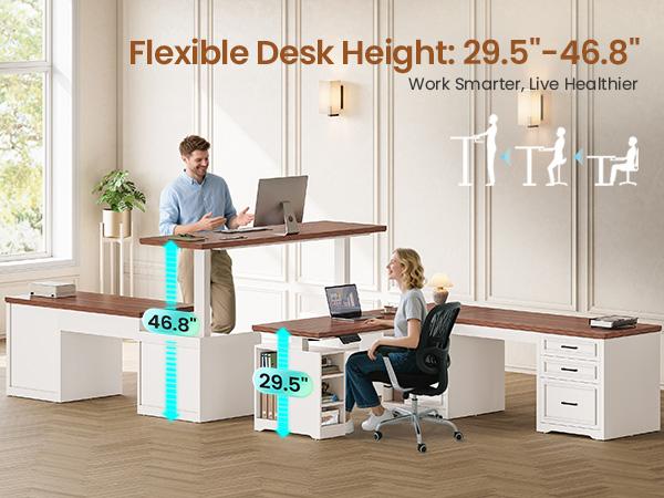 Sedeta 63 Inch L Shaped Electric Standing Desk Height Adjustable Computer Desk with Drawers Shelves Power Outlet Tiltable Tabletop Wood Workstation