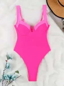 PEAKGOO,Pink one-piece swimsuit, summer beachwear-fashionable and comfortable cutout swim suit