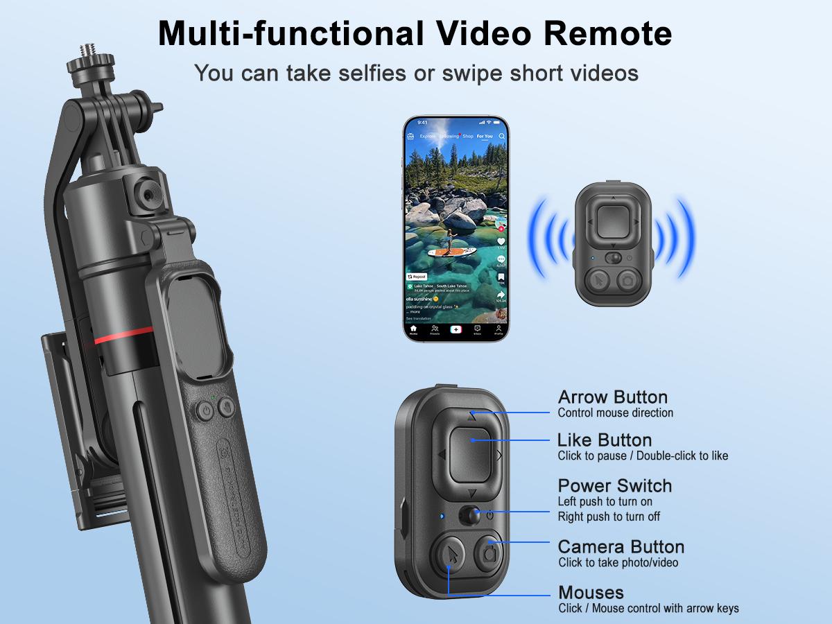 All-in-One Selfie Stick Tripod ,One-Click Automatically Pop-Up Open, Face Tracking ,Gesture Control Functions , with Handheld Stabilizer,Detachable Phone Holder ,360°Rotation,with Mutifunctional Remote Control,Maximum Extends to 68.9 inches