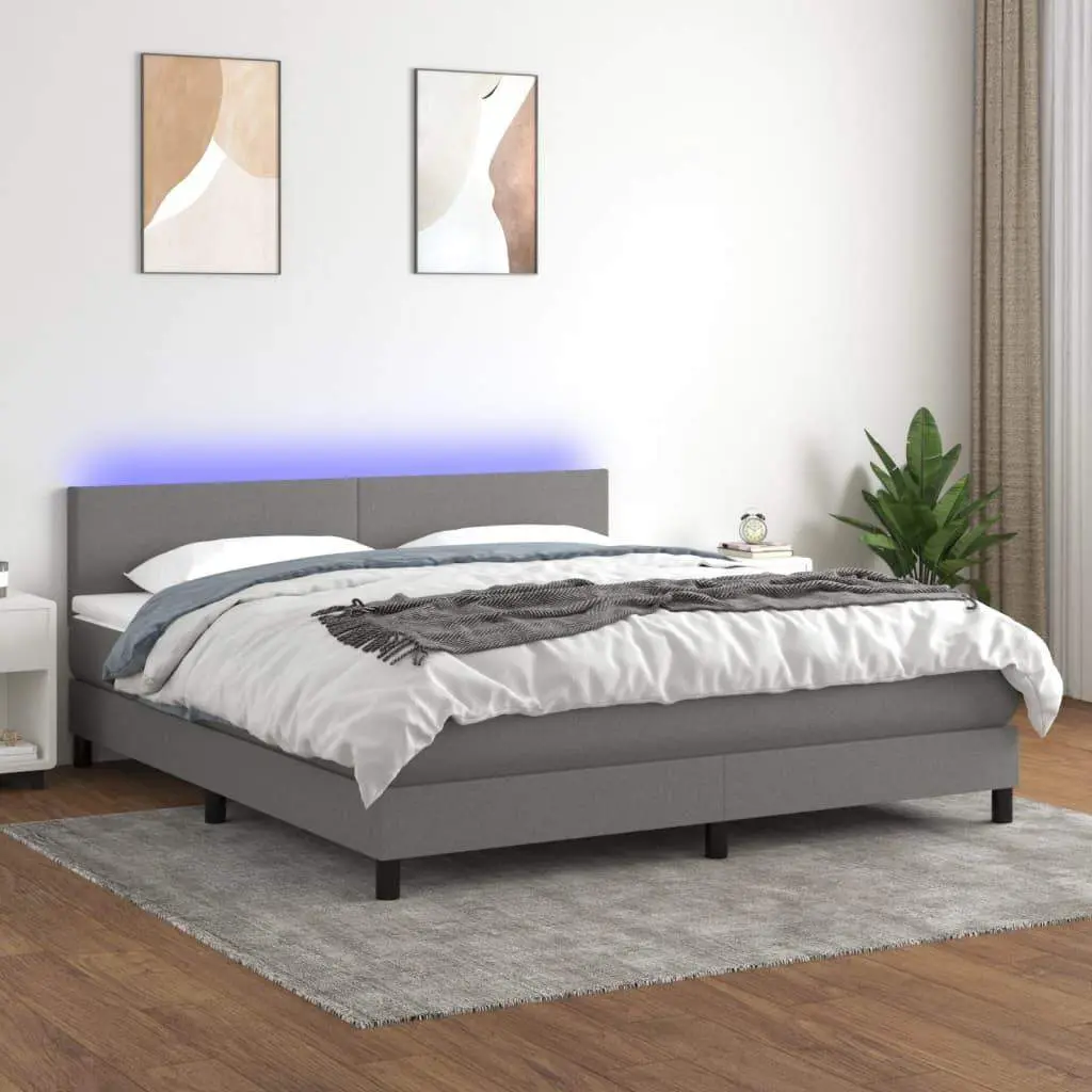 Box Spring Bed with Mattress&LED Dark Gray California King Fabric