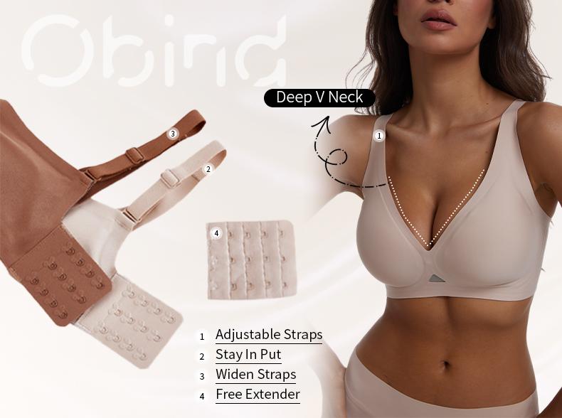 Obind Wireless Jelly Deep-V Bra Everyday Comfort Push-Up Seamless T-Shirt Bra Slimming Design Adjustable Straps Minimalist Soft Butter-Fabric Breathable Mesh Triangle Panel Basic Women’s Underwear