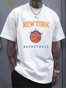 1pc Men's New York Basketball Graphic T-Shirt- 100% Cotton Breathable Lightweight Regular Fit Tee with Vibrant Orange Blue Skyline Print, Casual Short Sleeve for Sports Outdoor Summer Wear, Perfect Gift for Basketball Fans, Breathable Sports Shirt S
