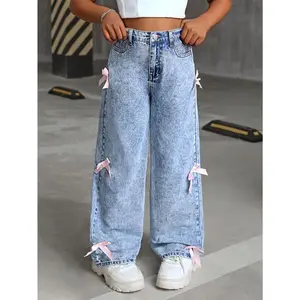 New Fashionable Wide-Leg Jeans with Bow Decoration. Pants Cute Denim Baggy Womenswear Bottom Trouser Streetwear Light Blue Loose