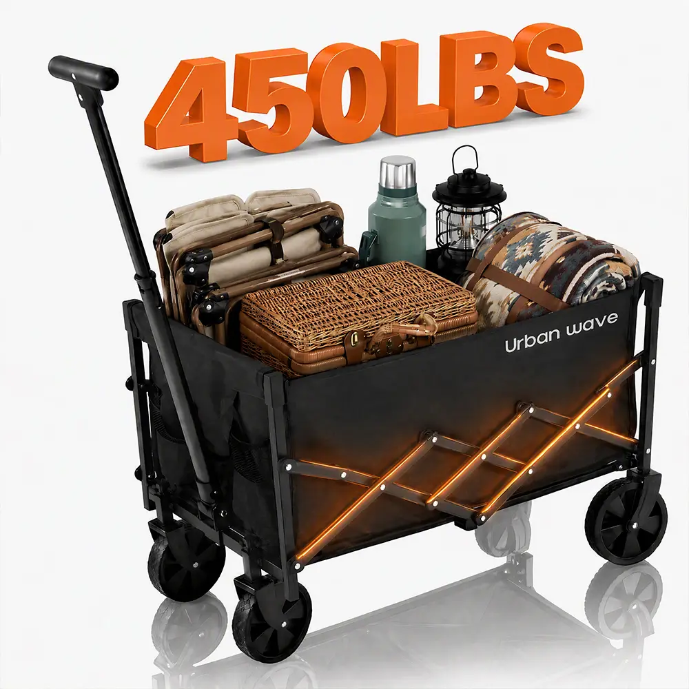 Collapsible All-Terrain Functional Cart - 450 Lbs Capacity, Black Rust-Proof Steel Frame, Easy 1-Hand Fold, for Outdoor Camping, Garden Use, One-Hand Fold