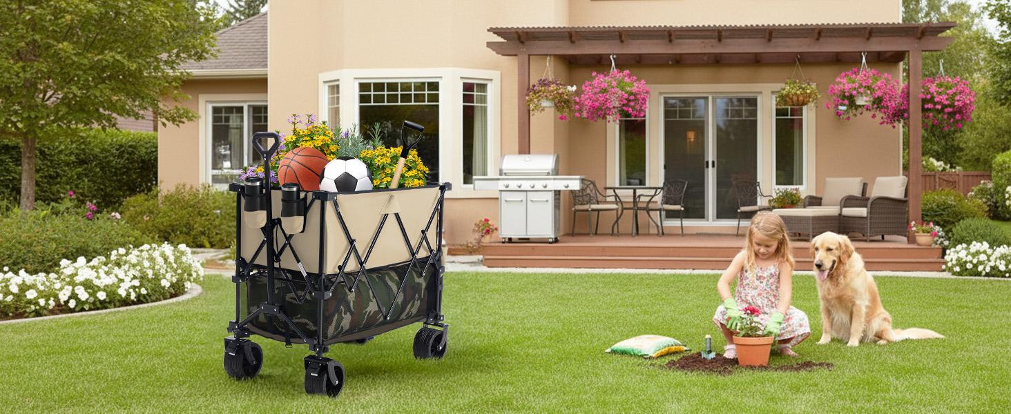 Large Capacity Folding Double Decker Wagon with Brakes 440 lbs Capacity Foldable Wagon Cart with Flexible Handle All Terrain Big Wheels for Grocery Sports Garden Camping