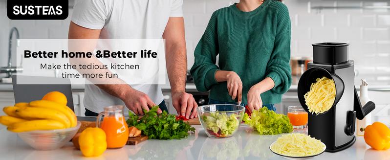 SUSTEAS Rotary Cheese Grater with Handle - Comes with 5 Blades, Powerful Suction Cup Base, Comes with Blade Storage Box Cutlery Kitchen Utensil Stainless Steel-Black Vegetable Cutting Slicer