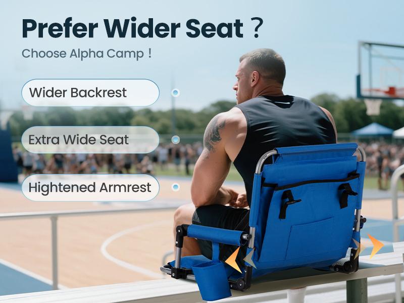 PHI VILLA Blue Folding Stadium Seat Bleacher Chair with Cup Holder, Mesh Bag and Hide Hooks, Portable Stadium Chair with Back and Cushion