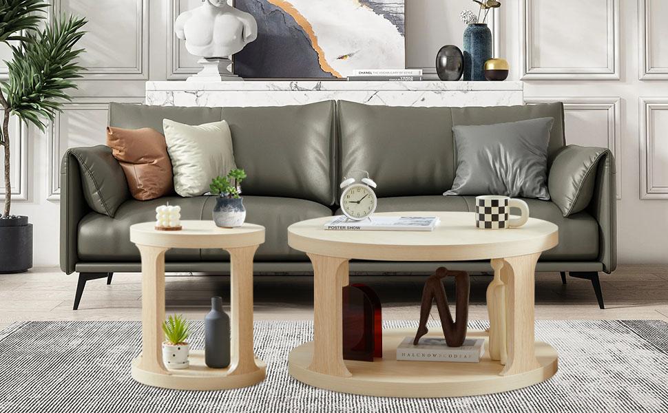 Giratree Coffee Table and End Table Set of 2, Round Coffee Table with 2-Tier Storage, Accent Side Table for Living Room